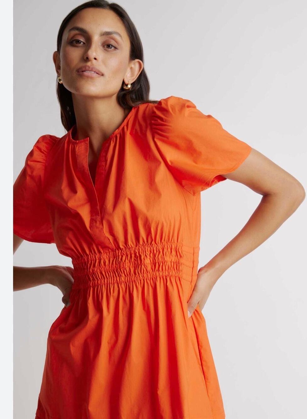 Quince Tiered Poplin Short Sleeve Mini Dress Poppy Red Orange M